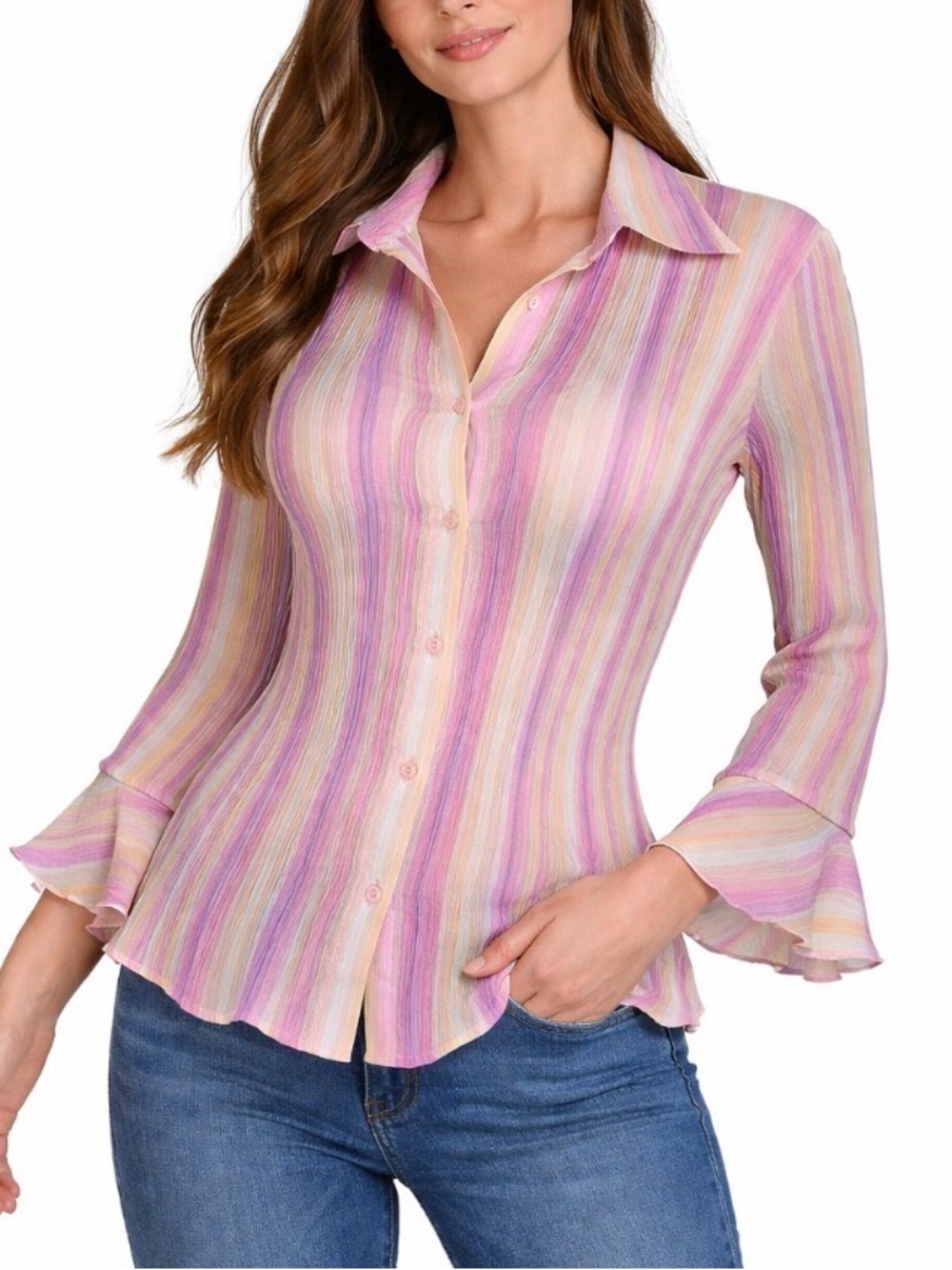 Milano Women’s Pastel Striped Button-Up Top - Pink & Lavender crinkle SZ LG